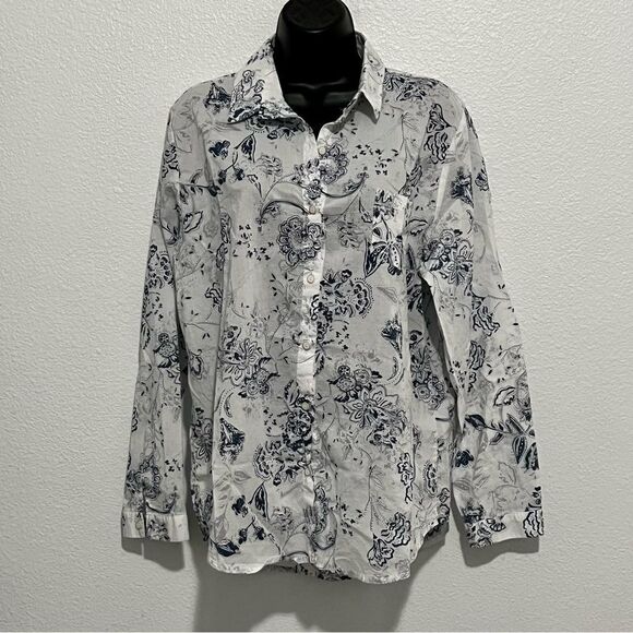 Coastal White Blue Paisley Floral Long Sleeve button Down Oversized Shirt L - Picture 1 of 9